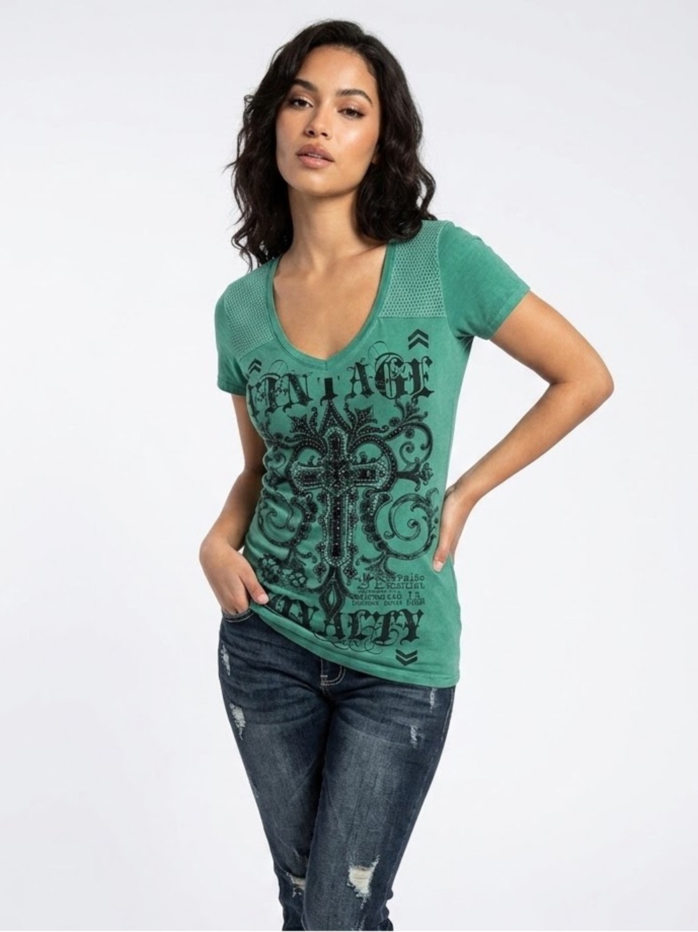 Y2K Vintage Daytrip Green Embellished Graphic Tee Size Medium Mall Goth McBling